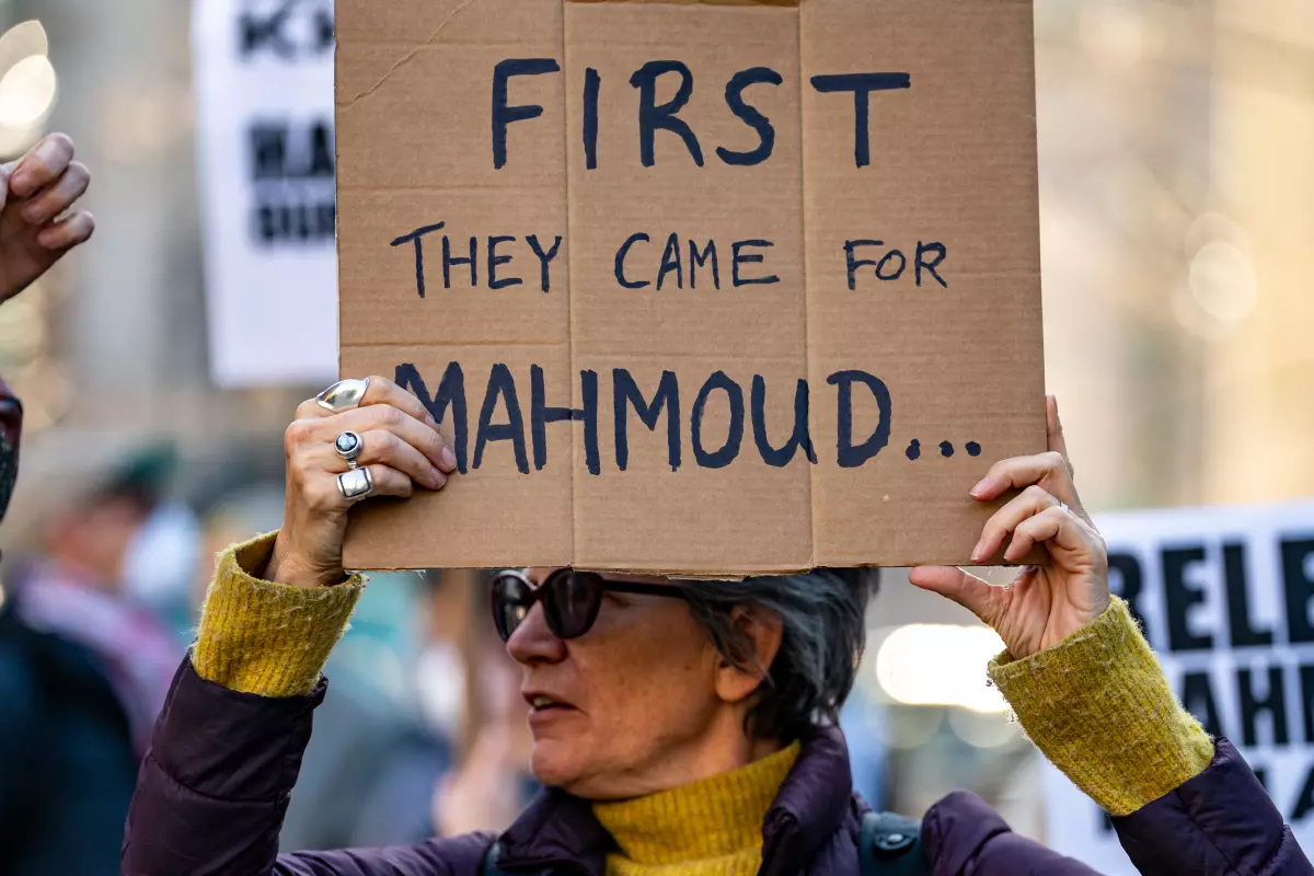 Protesters in New York City demand the release of Mahmoud Khalil.